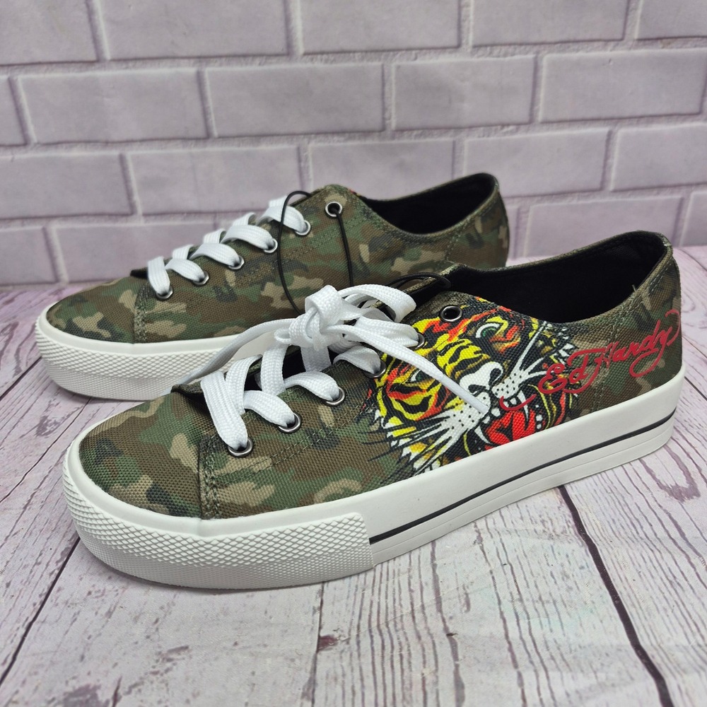 Ed Hardy Camo Tiger Canvas Low Top Sneakers Green Camouflage Mens 7 EH06315901